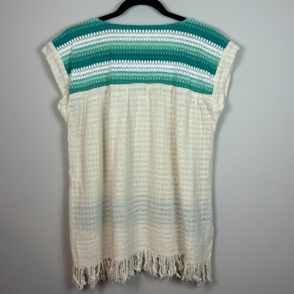 Womens Handmade Teal‎ Beige Crochet Woven Fringe Cap Sleeve Hippie Peasant Top M - Picture 4 of 7